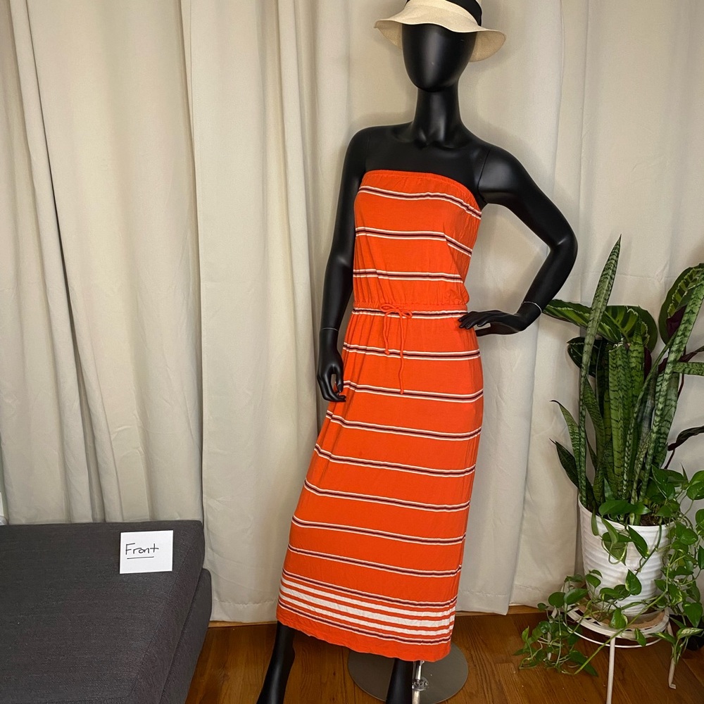 J Crew; Strapless Dress; size XXS, coral with black and white stripes